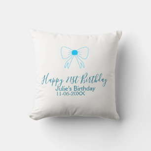 Blue bow happy 21st birthday name date girlstylish throw pillow