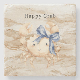Blue Bow Happy Cream Sand Crab Stone Coaster