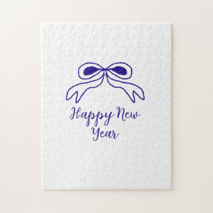 Blue bow happy new year name date simple minimal  jigsaw puzzle