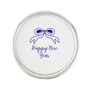 Blue bow happy new year name date simple minimal lapel pin