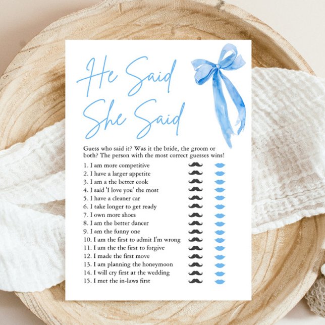 Blue Bow He Said She Said Bridal Shower Game Invitation (Modern Watercolor Dusty Blue Bow He Said She Said Bridal Shower Game)