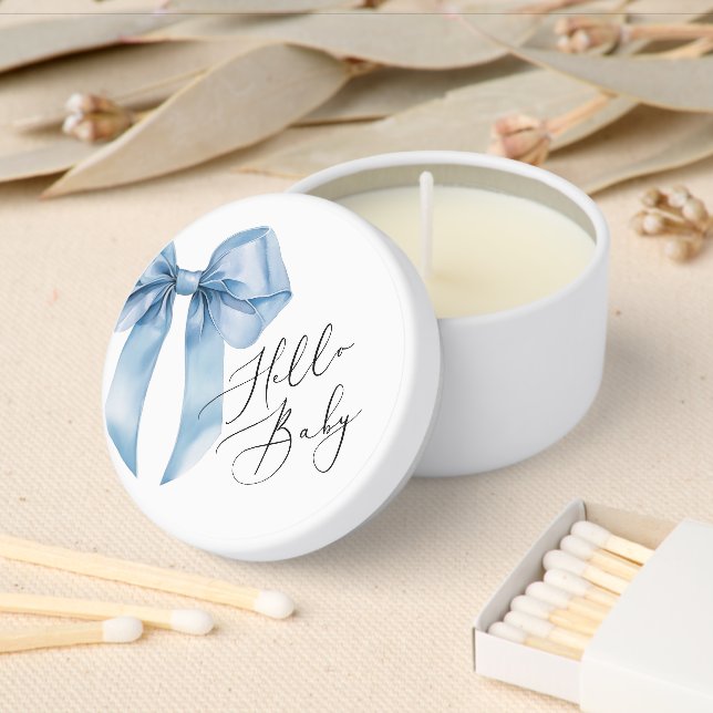 Blue Bow Hello Baby Boy Baby Shower Mini Candle Favors (Insitu)