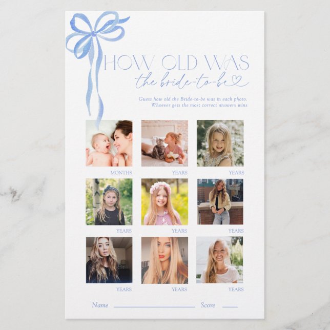 Blue Bow How Old Was The Bride Bridal Shower Game (Front)