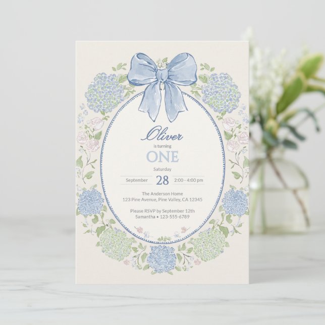 Blue Bow & Hydrangea Flowers Boy's 1st Birthday Invitation (Standing Front)