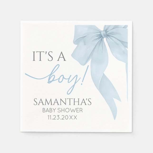 Blue Bow Its A Boy Baby Shower Napkins (Front)