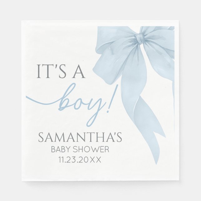 Blue Bow Its A Boy Baby Shower Napkins (Front)