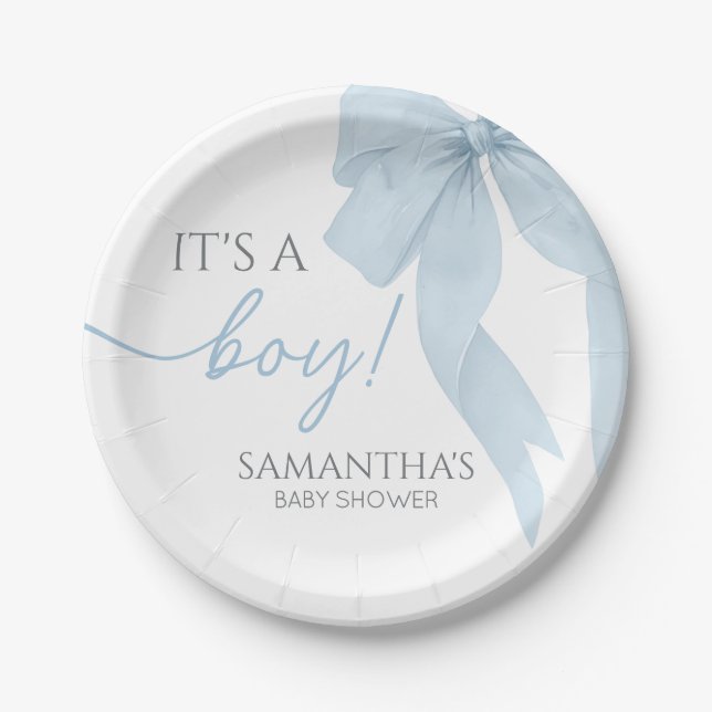 Blue Bow Its A Boy Baby Shower Paper Plates (Front)