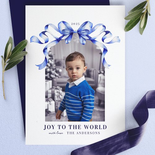 Blue Bow Joy To The World Christmas Photo Holiday Card