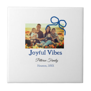 Blue bow joyful Vibes add family name photo christ Ceramic Tile