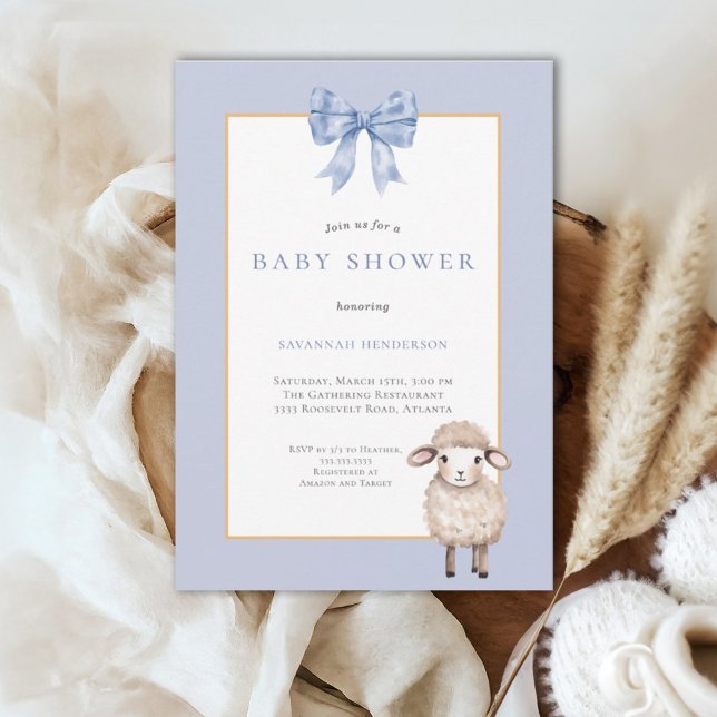 Blue Bow Lamb Baby Shower Invitation (Creator Uploaded)