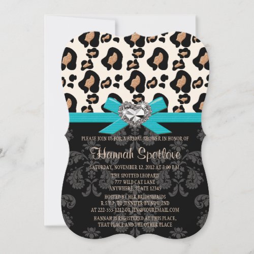 Blue Bow Leopard Print Faux Bling Bridal Shower Invitation