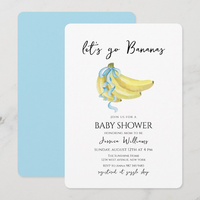 Blue Bow Let's Go Bananas Baby Shower Invitation (Front/Back)