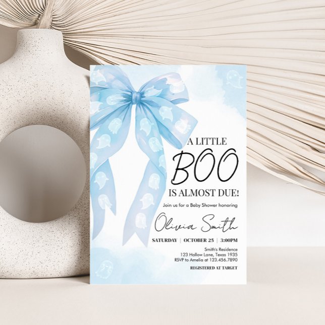 Blue Bow Little Boo Baby Shower Invitation (Blue Bow Little Boo Halloween Coquette Baby Shower Invitation)