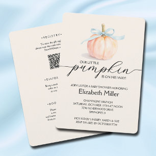 Blue Bow Little Pumpkin Baby Shower All In One Invitation