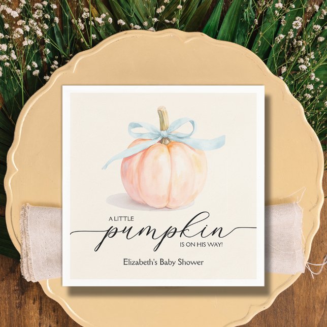 Blue Bow Little Pumpkin Baby Shower Napkins (Blue Bow Little Pumpkin Boy Baby Shower Napkins)