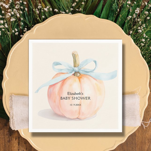 Blue Bow Little Pumpkin Baby Shower Napkins (Blue Bow Little Pumpkin Boy Baby Shower Napkins)