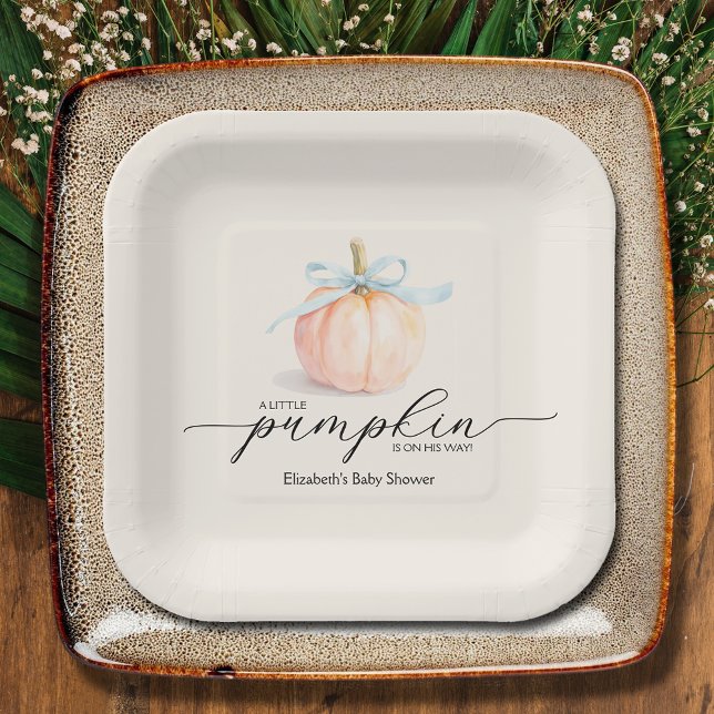 Blue Bow Little Pumpkin Baby Shower Paper Plates (Blue Bow Little Pumpkin Boy Baby Shower Square Paper Plates)