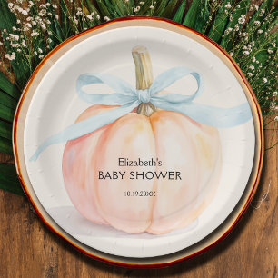 Blue Bow Little Pumpkin Baby Shower Paper Plates