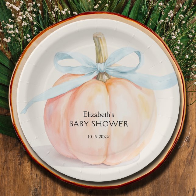 Blue Bow Little Pumpkin Baby Shower Paper Plates (Blue Bow Little Pumpkin Boy Baby Shower Paper Plates)