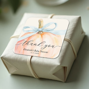 Blue Bow Little Pumpkin Baby Shower Square Sticker