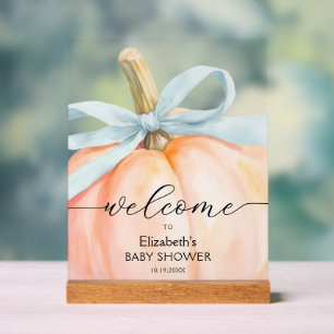 Blue Bow Little Pumpkin Baby Shower Welcome Acrylic Sign