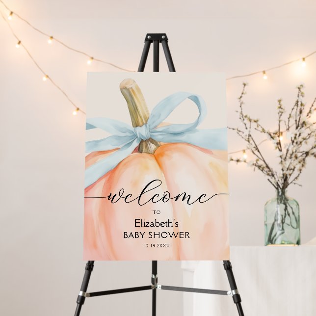 Blue Bow Little Pumpkin Baby Shower Welcome Foam Board (In Situ (Stand))