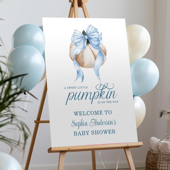 Blue Bow Little Pumpkin Baby Shower Welcome Sign (Creator Uploaded)