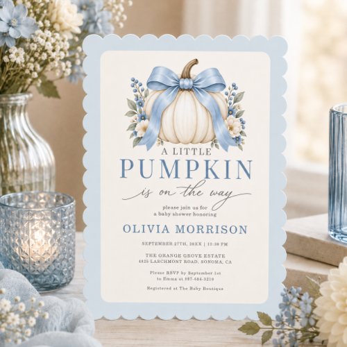 Blue Bow Little Pumpkin Boy Baby Shower Invitation, Traditional · Blue · Baby Boy