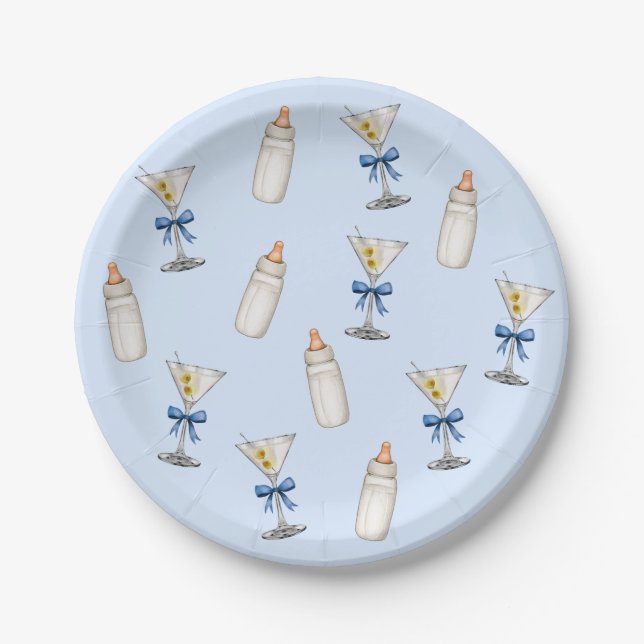 Blue Bow Martinis Baby Bottles Baby Shower Paper Plates (Front)