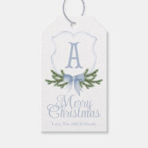Blue Bow Merry Christmas Crest Gift Tag - A