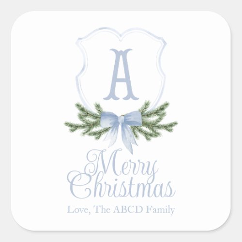 Blue Bow Merry Christmas Crest Sticker Tag _ A