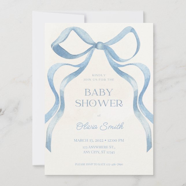 Blue Bow Minimalist Baby Shower Invitation (Front)