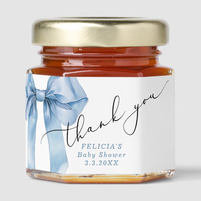Blue Bow Minimalist script baby boy Honey Jar Favors (Front)