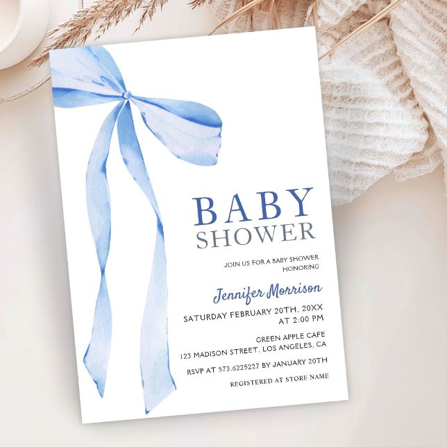 Blue Bow Modern Boy Baby Shower Invitation (Creator Uploaded)