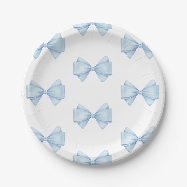 Blue Bow Modern Boy Baby Shower Paper Plates (Front)