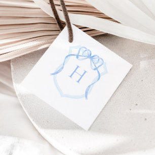 Blue Bow Monogram Crest Baby Shower Favor Tags