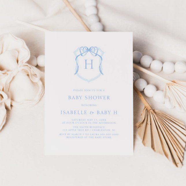 Blue Bow Monogram Crest Baby Shower Invitation (Creator Uploaded)