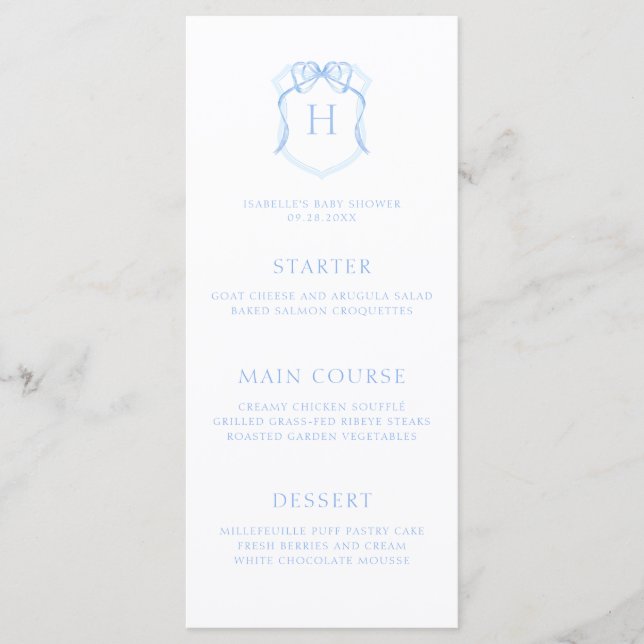 Blue Bow Monogram Crest Baby Shower Menu (Front)