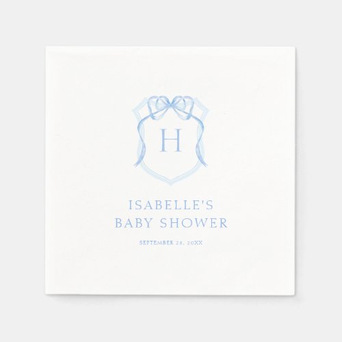 Blue Bow Monogram Crest Baby Shower Napkins