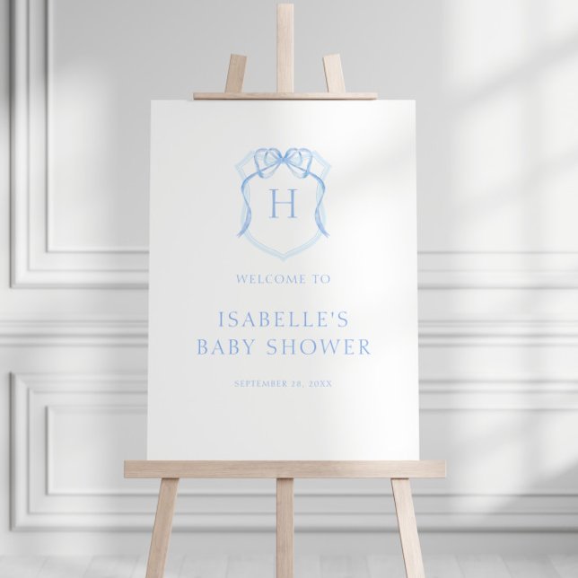Blue Bow Monogram Crest Baby Shower Welcome Foam Board (Creator Uploaded)