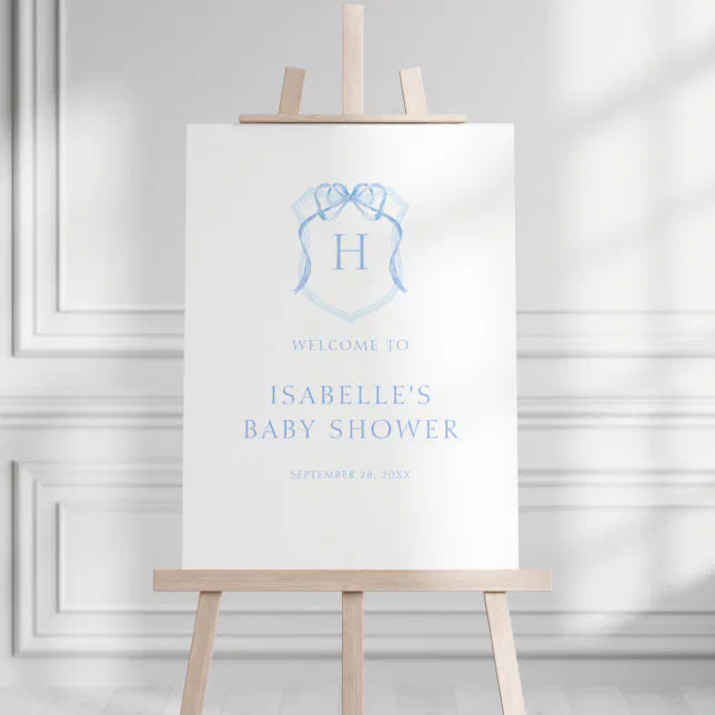 Blue Bow Monogram Crest Baby Shower Welcome Foam Board | Zazzle