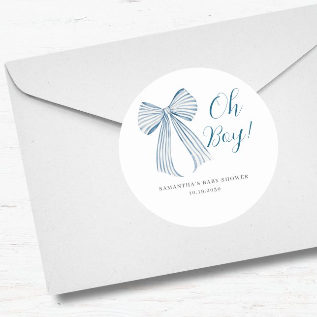 Blue Bow Oh Boy Baby Shower Classic Round Sticker (Creator Uploaded)