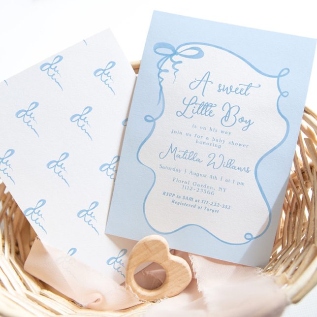 Blue bow oh boy dainty bow baby shower  invitation (Creator Uploaded)