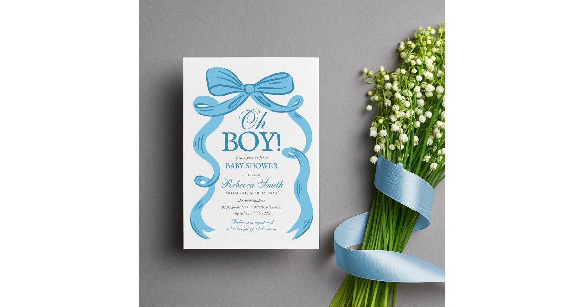 Blue Bow Oh Boy Vintage Something Blue Baby Shower Invitation | Zazzle