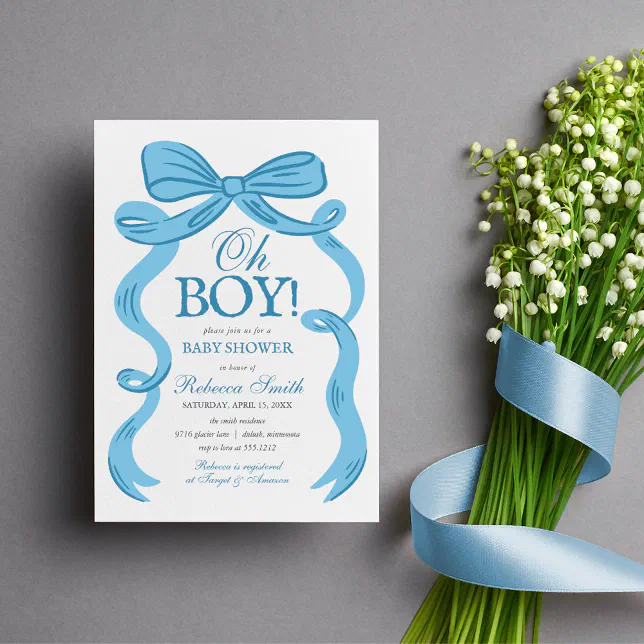 Blue Bow Oh Boy Vintage Something Blue Baby Shower Invitation | Zazzle
