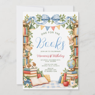 Blue Bow One for the Books Storybook 1st Birthday Invitation