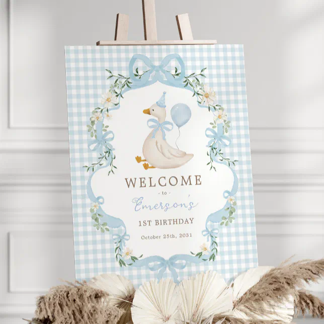 Blue Bow One Silly Goose 1st Birthday Welcome Foam Board | Zazzle