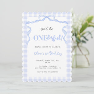 Blue Bow Onederful Boy 1st Birthday Invitation