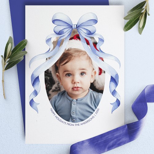 Blue Bow Oval Photo Christmas Holiday Card