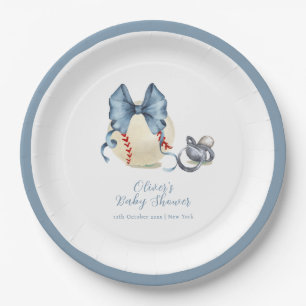 Blue Bow Pacifier Baseball Sport Baby Shower Paper Plates
